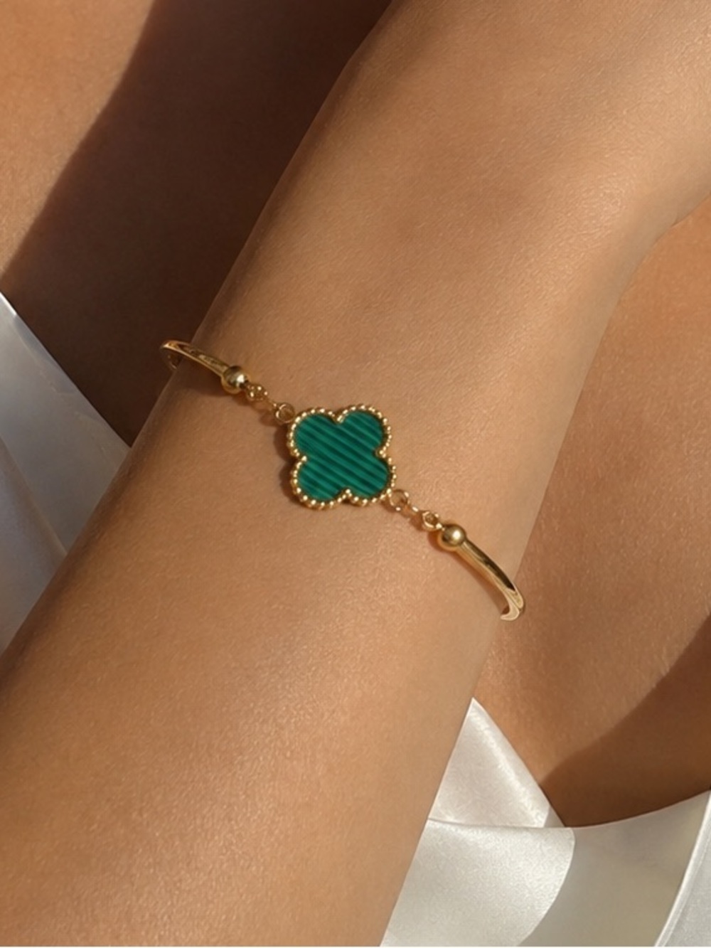 Gold Bracelet with Green Clover Charm - Women's Jewelry
